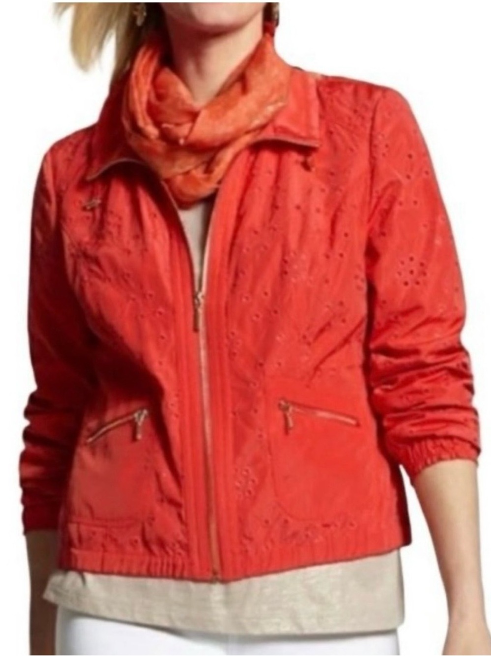 Chico's Coral/Red Eyelet Bomber/Windbraker Zipper Jacket XL